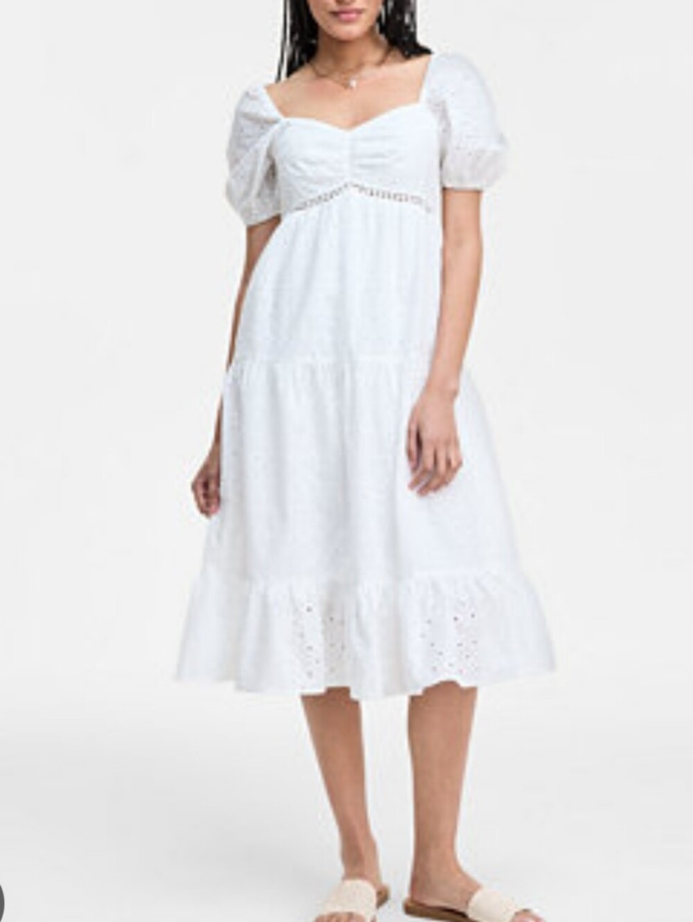 Kingston Grey White Puff-Sleeve Eyelet Midi Dress.SummerAngel. Cruise. Soft Girl